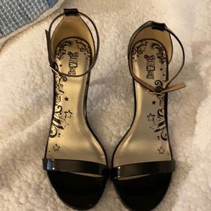 Black patent leather ankle strap heel